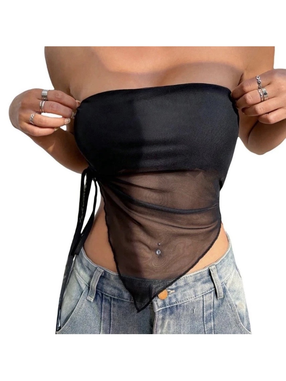 Black Strapless Mesh Handkerchief-Hem Camisole Top